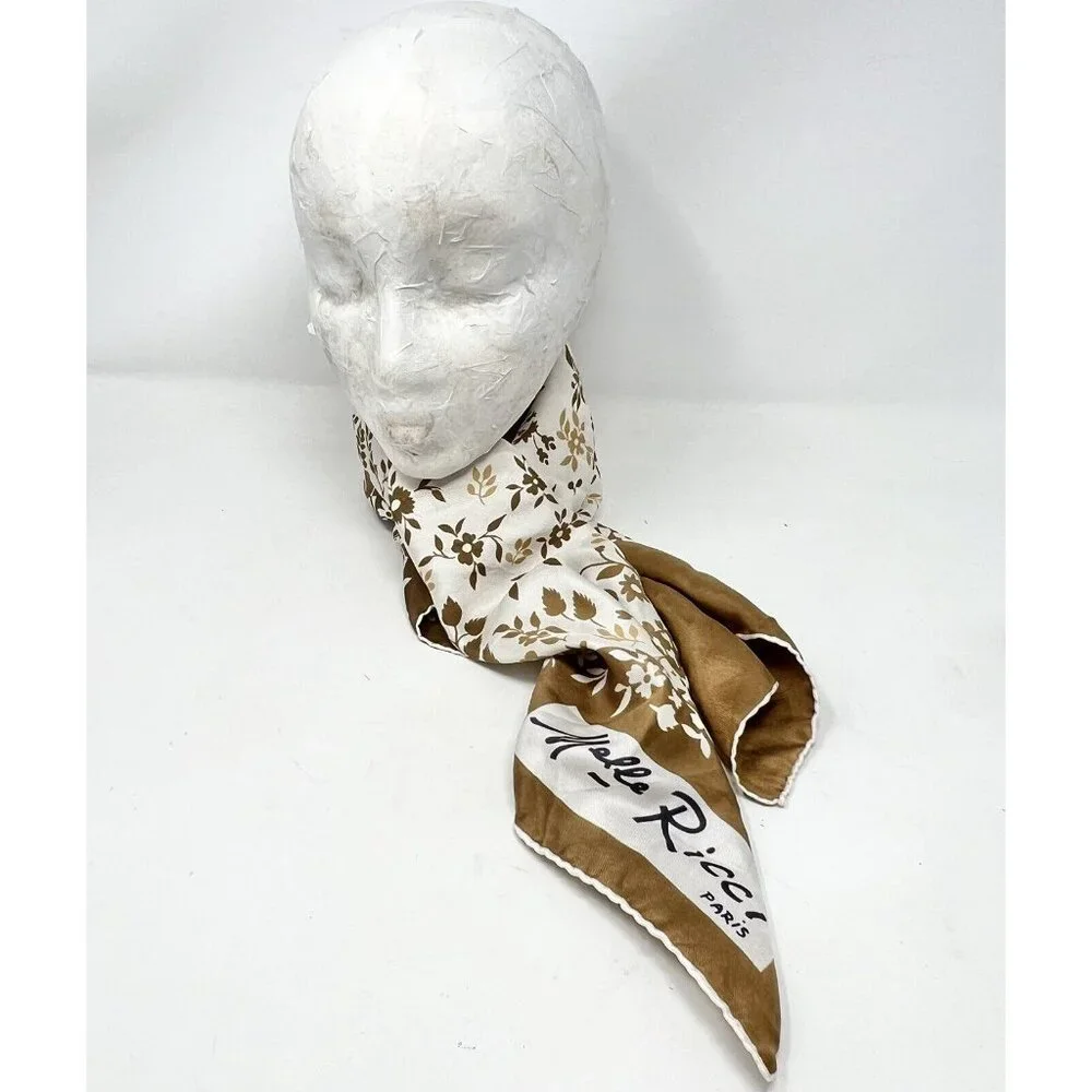 Melle Ricci Square Scarf 100% Silk Brown‎ Cream Gold Floral Bandanna 31